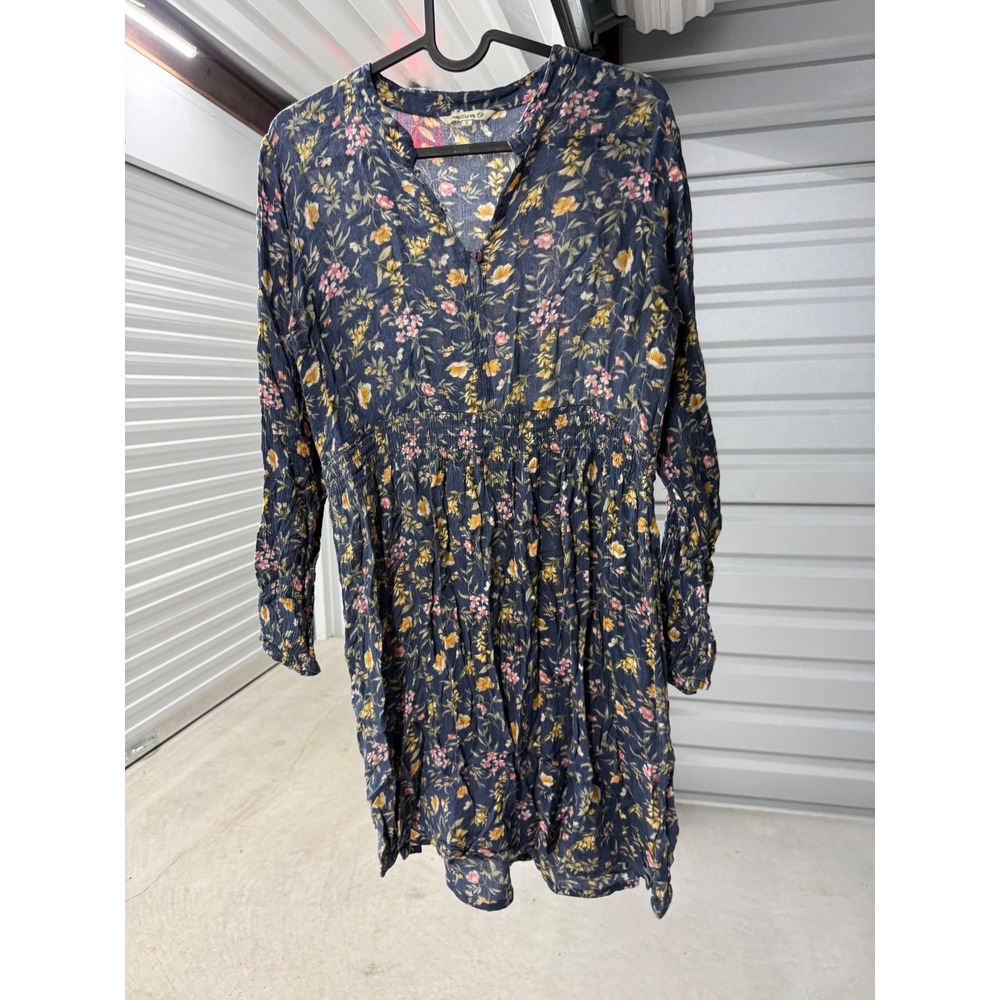 Natura Floral Long Sleeve Mini Dress Navy Blue Smocked Waist Boho Size S